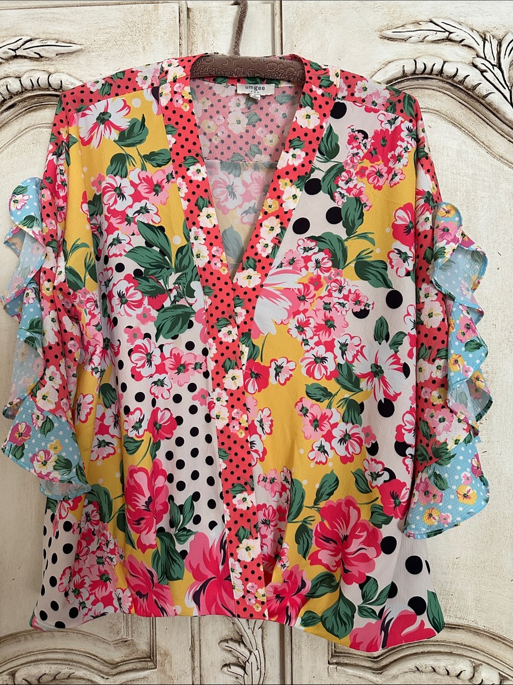 Umgee Multi-Pattern Floral & Polka Dot V-Neck Blouse in Pink, Yellow & Blue